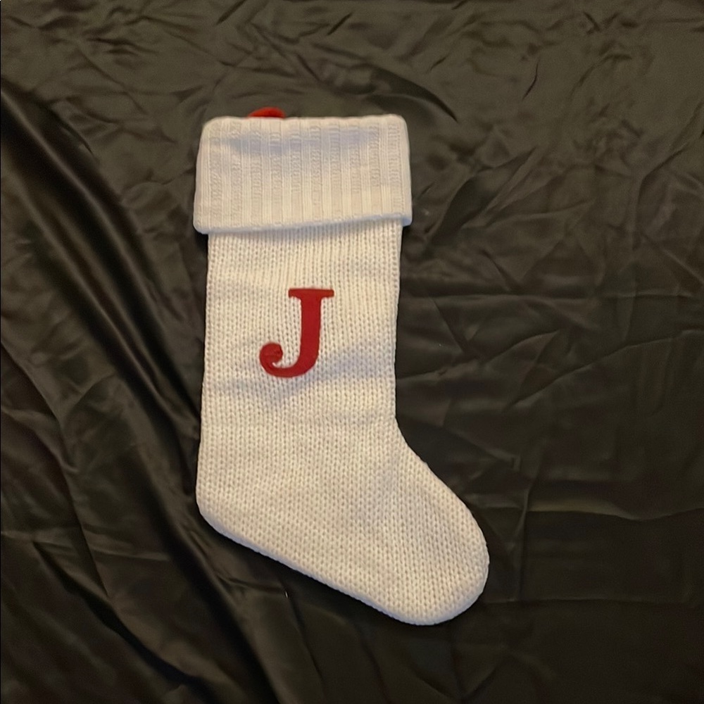 White Christmas Stocking with Red J Initial